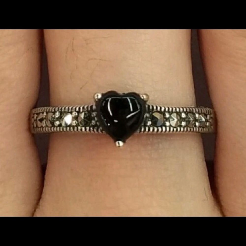 Sterling Silver Black Heart Marcasite Ring